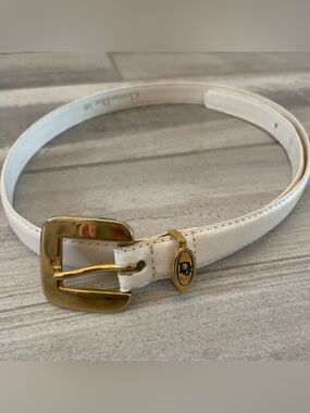 VTG Christian Dior Women Small Ivory Leather Skinny Belt Gold Buckle Logo Taiwan
